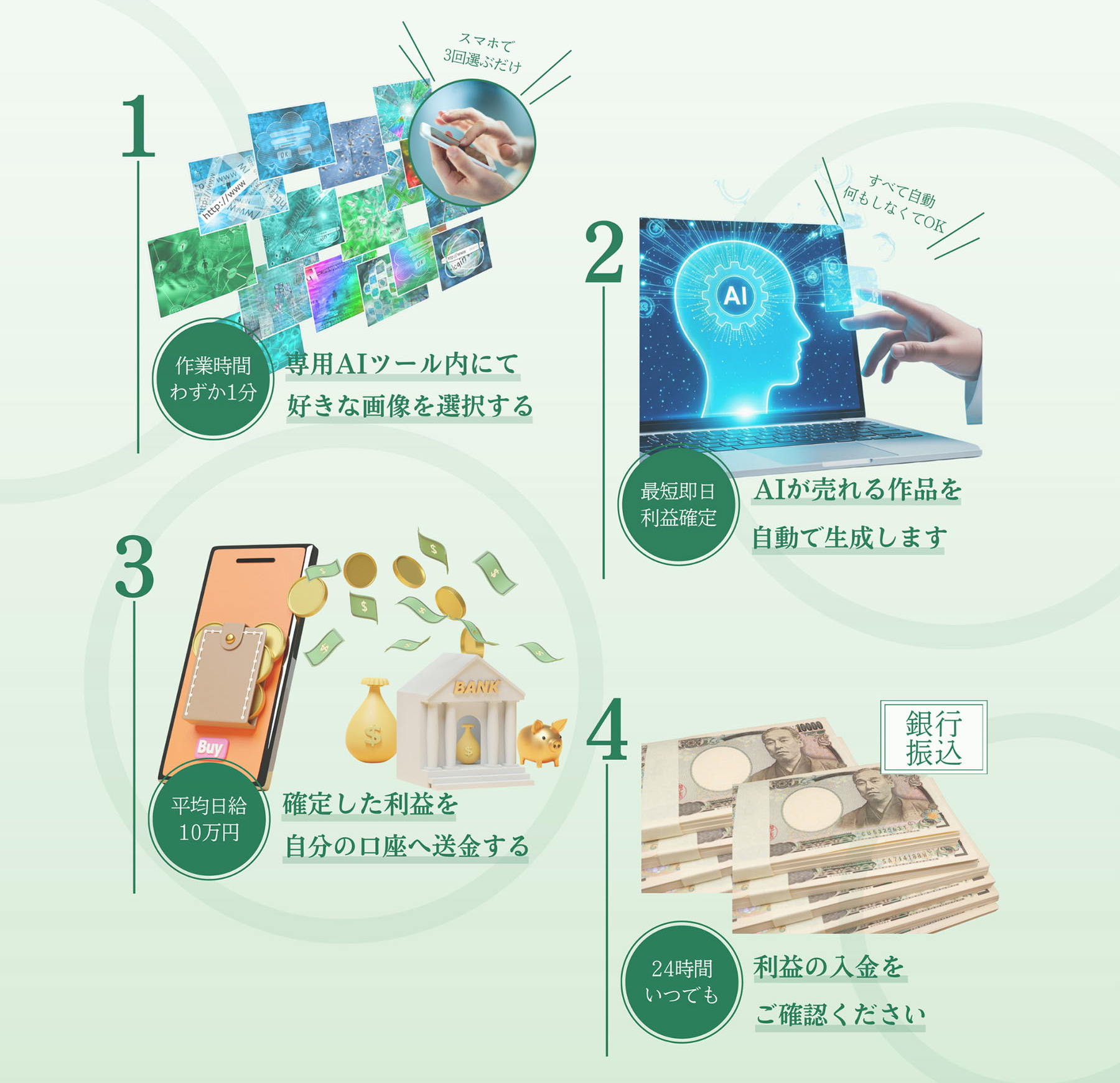 スマホで 3回選ぶだけ 1 作業時間わずか1分 専用AIツール内にて 好きな画像を選択する - すべて自動何もしなくてOK 2 最短即日利益確定 AIが売れる作品を自動で生成します - 3 平均日給10万円 確定した利益を 自分の口座へ送金する - 4 銀行振込 24時間いつでも 利益の入金をご確認ください
